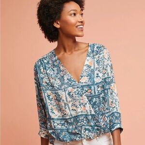 Anthropologie Maeve Blue Colorful Gianna Printed Wrap Blouse Top Size Small